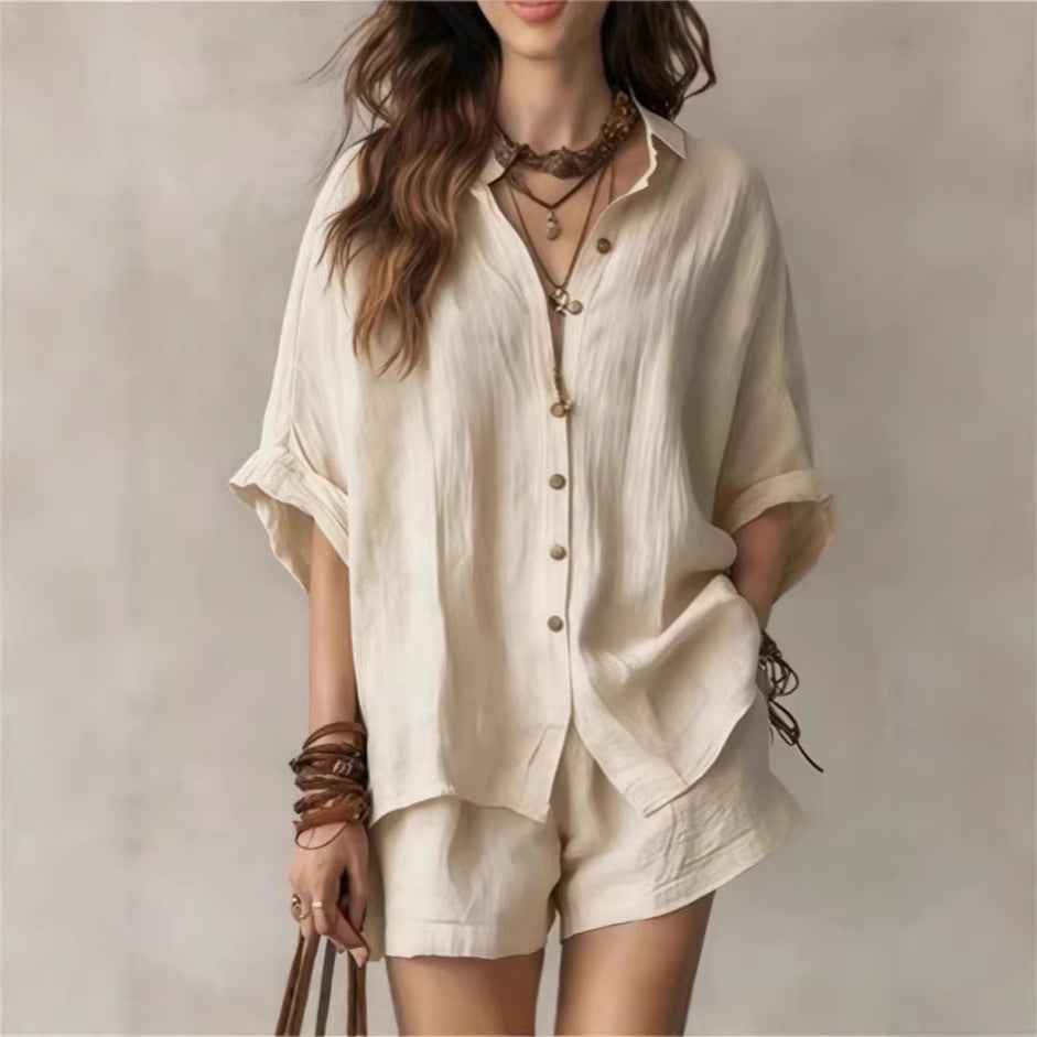Two-Piece Set Womens Casual Summer Single-Breasted Short-Sleeved Shirt Wide-Leg Shorts For Daily Wear Work Holiday Outfits