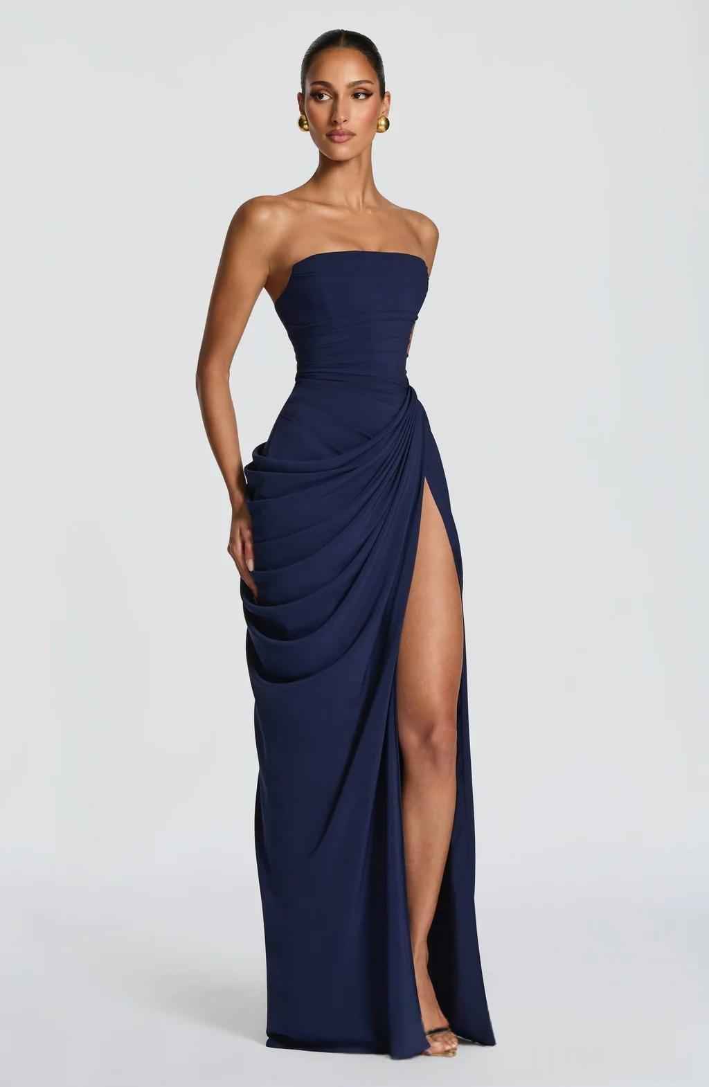 French Style Strapless Pleated Slit Dress - Elegant Evening Gown for Summer Parties & Weddings