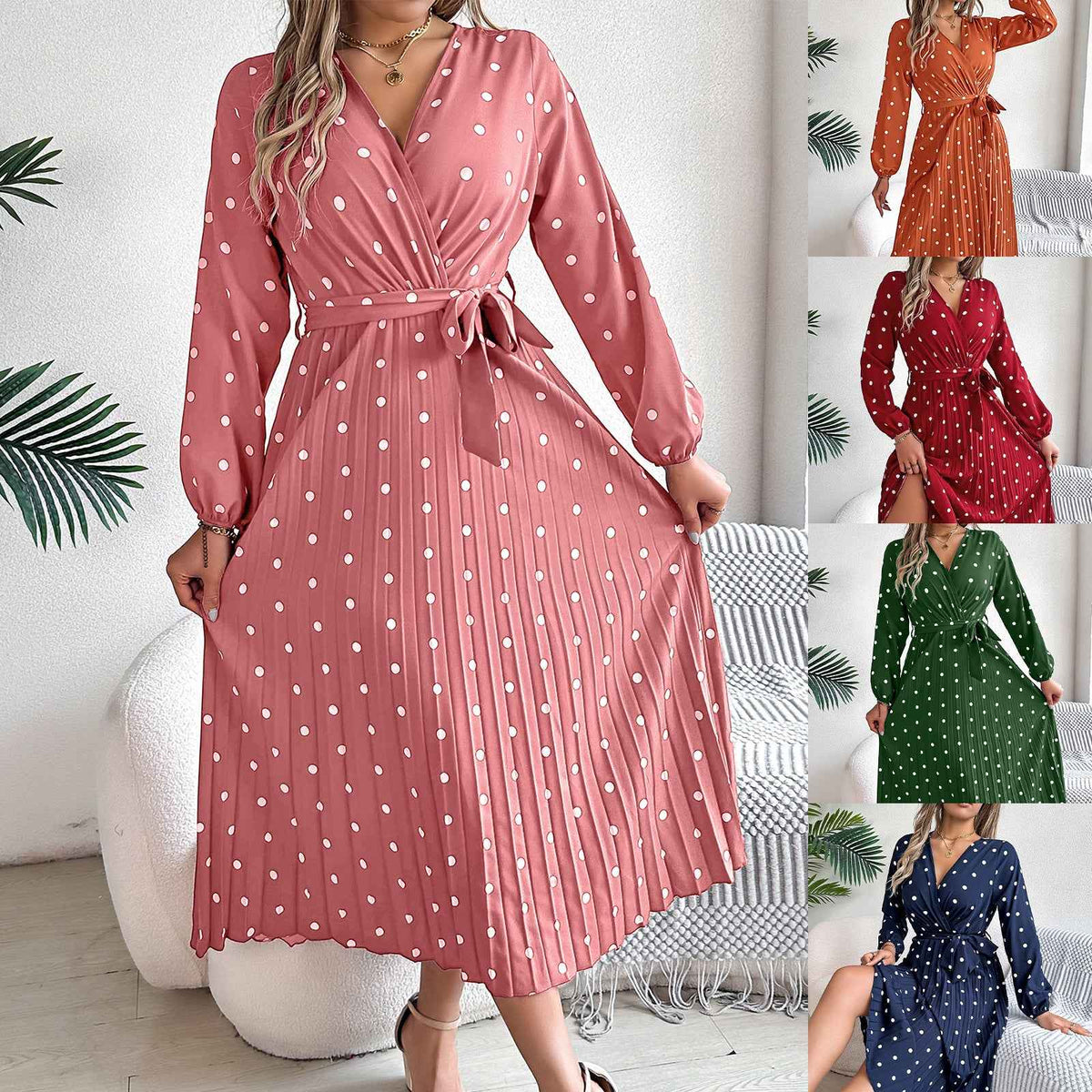 Polka Dot V-Neck Pleated Bridesmaid Dress - Elegant Formal Occasion