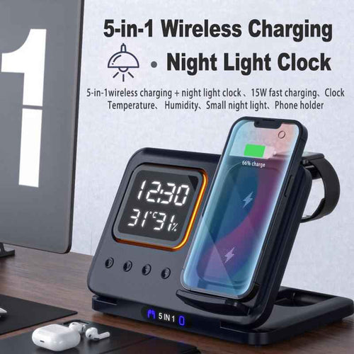 15W Wireless Charging Stand 5-in-1 Alarm Clock: Multi-Device Fast Charger