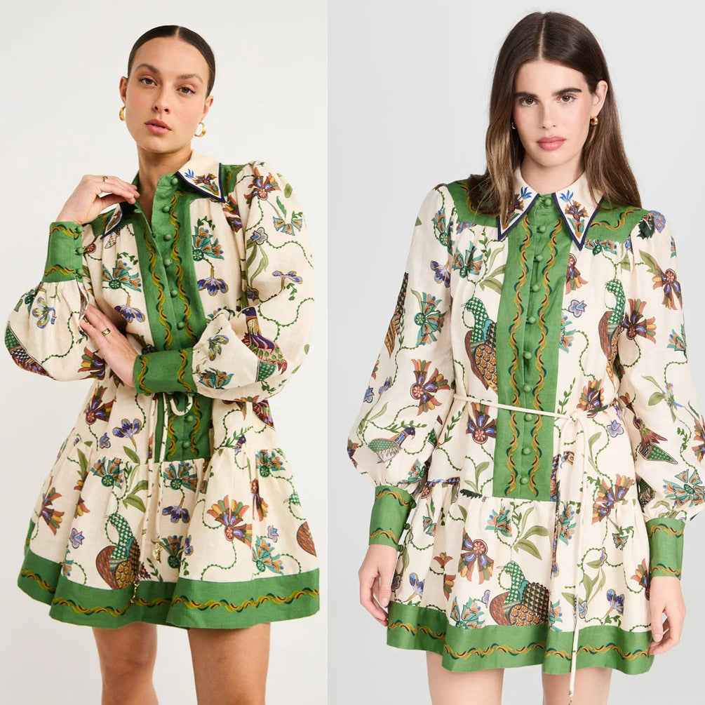 Elegant Long Sleeve Lapel Print Dress - Mid Waist & Stylish