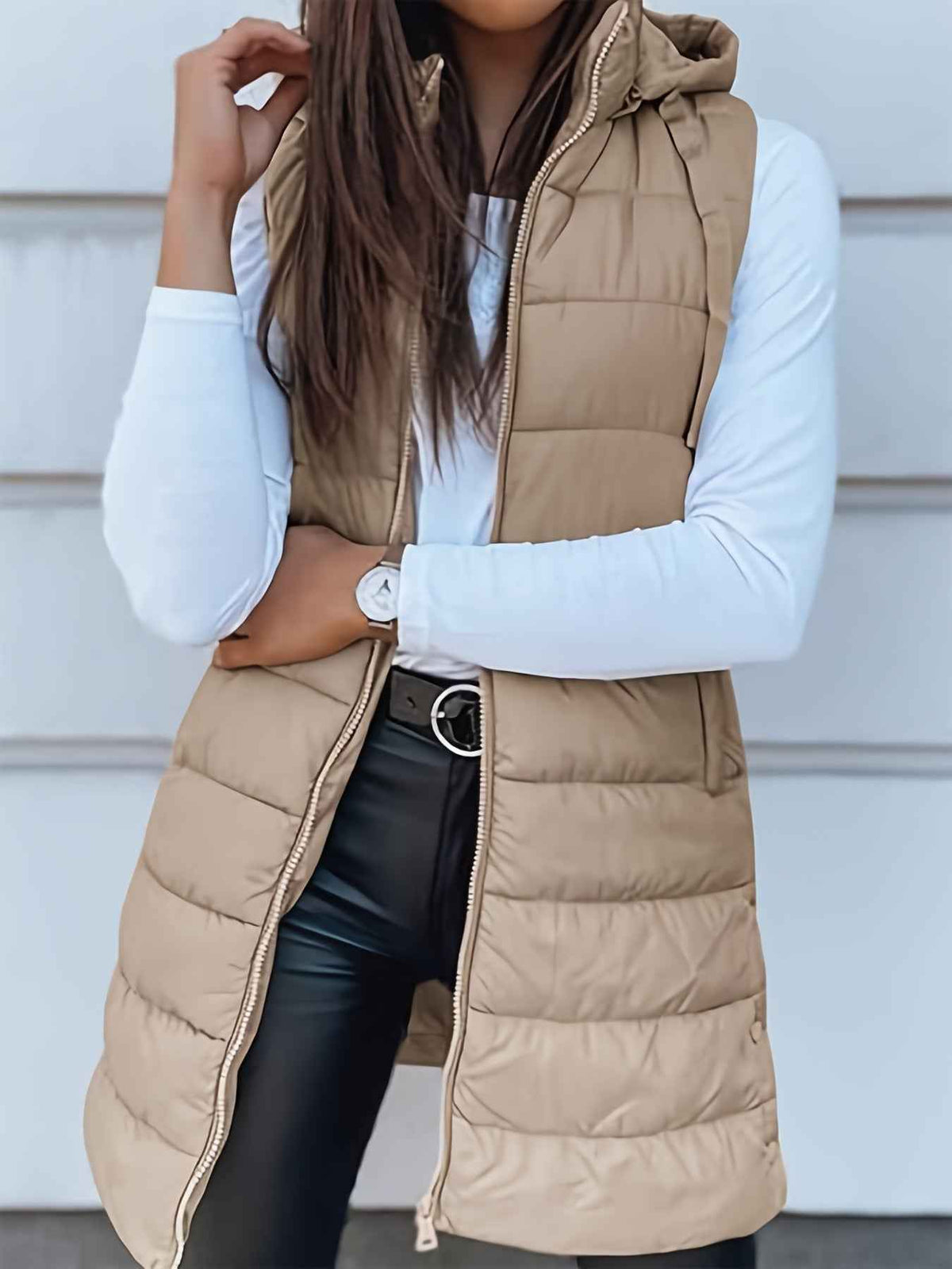 Solid Color Hooded Quilted Cotton Vest Coat with Zipper