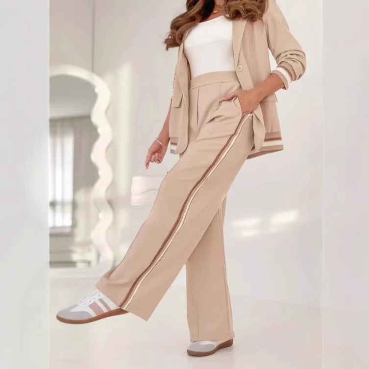 Khaki Blazer & Wide-Leg Trousers Suit Set - Professional & Comfortable