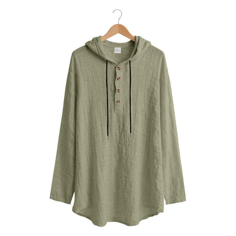 Vintage Linen Hooded Pullover Shirt - Lightweight Cotton-Linen Streetwear