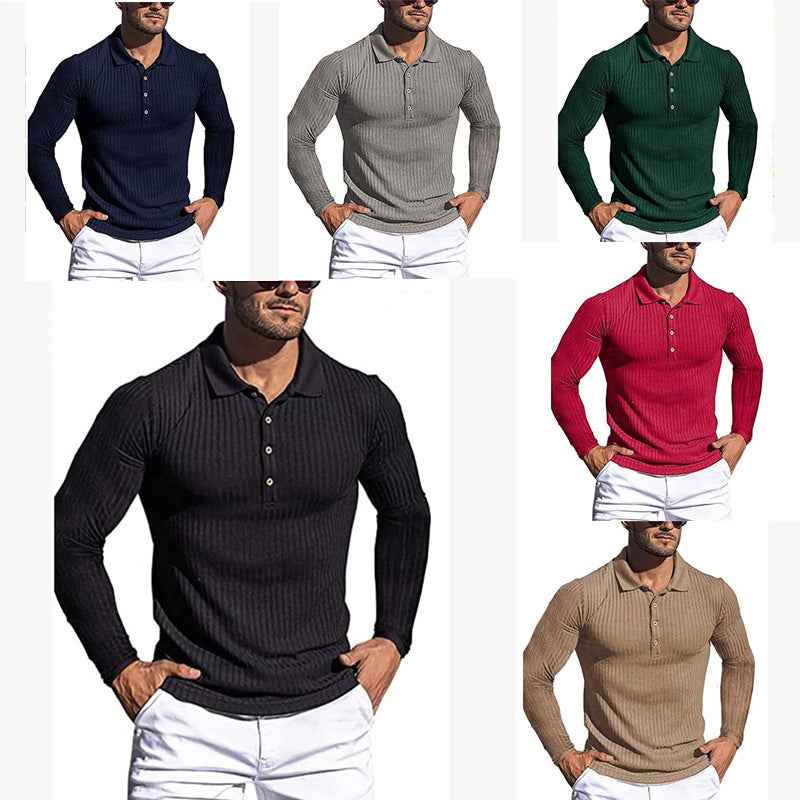 Men's Striped Long Sleeve Fitted Polo Shirt - Breathable & Stylish Running Essential