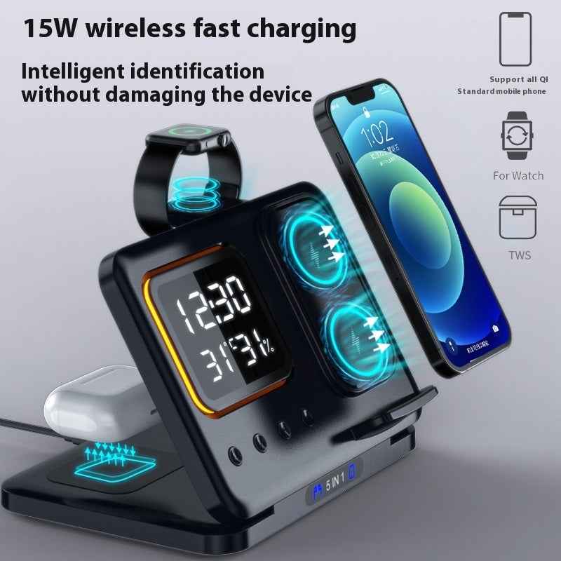 15W Wireless Charging Stand 5-in-1 Alarm Clock: Multi-Device Fast Charger
