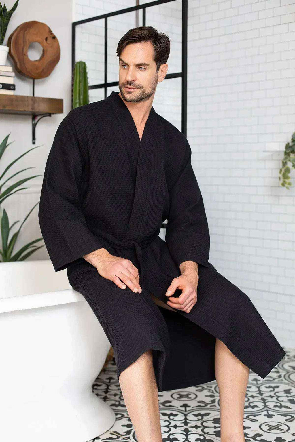 Men's Waffle Spa Bathrobe - Quick Dry, Lightweight Kimono