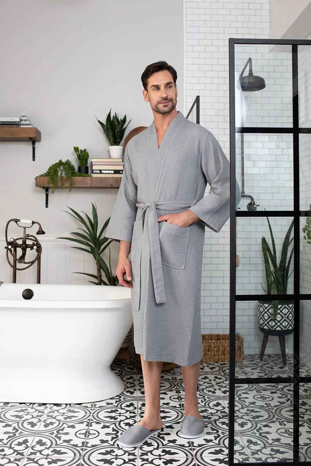 Men's Waffle Spa Bathrobe - Quick Dry, Lightweight Kimono
