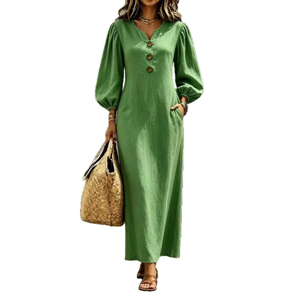 V-Neck Puff Sleeve A-Line Dress Women Long Casual Summer Autumn