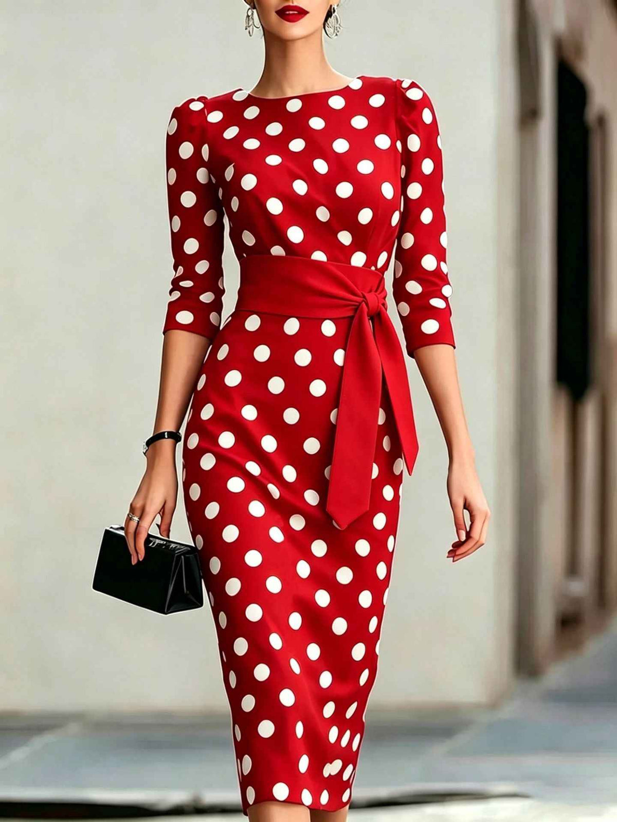 Elegant Polka Dot Midi Dress with Waist Belt - Formal & Office Wear