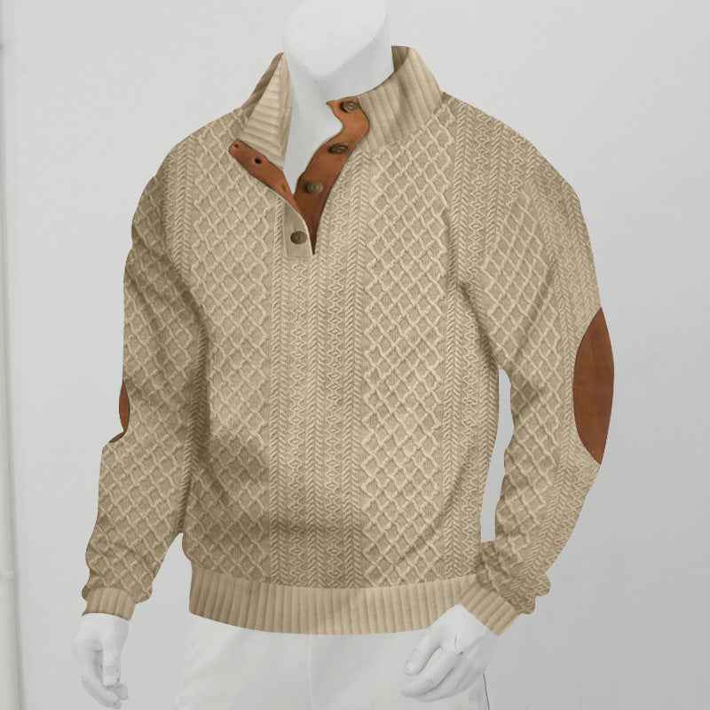Vintage Urban Jacquard Knit Sweater - Heavyweight Stand Collar Long Sleeve Streetwear Pullover