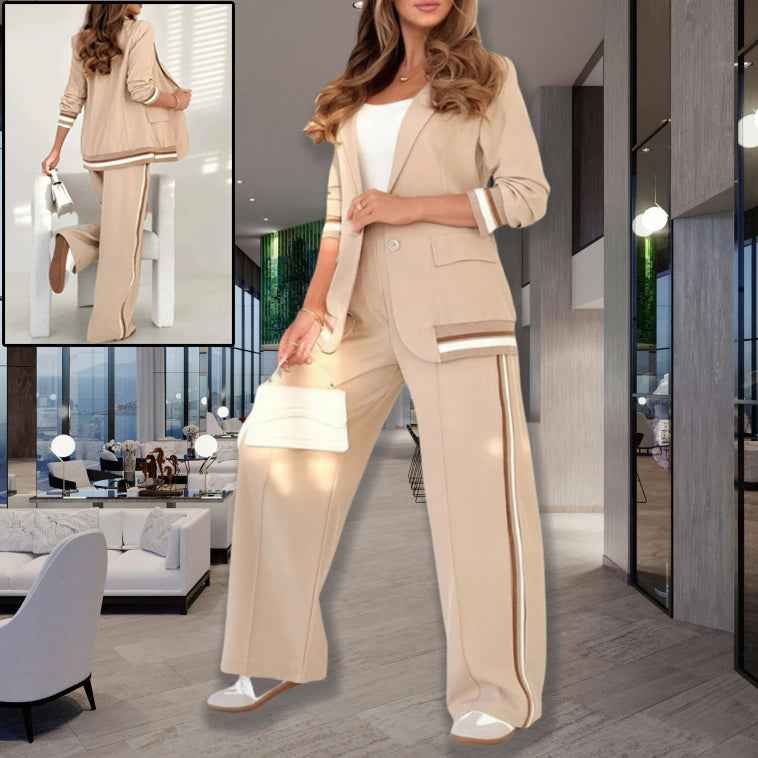 Khaki Blazer & Wide-Leg Trousers Suit Set - Professional & Comfortable