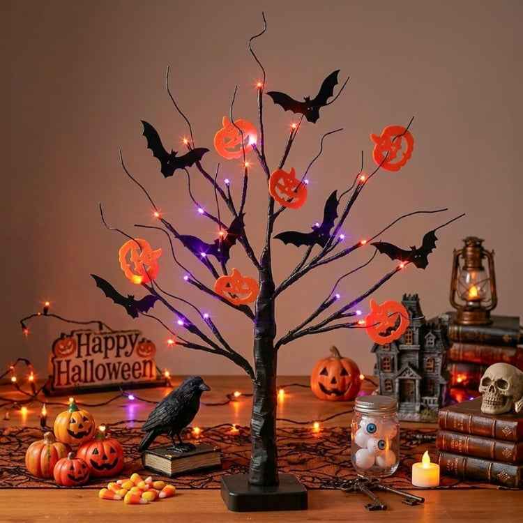 22" LED Black Tree: Orange & Purple Lights, Bats, Pumpkins, Battery Powered