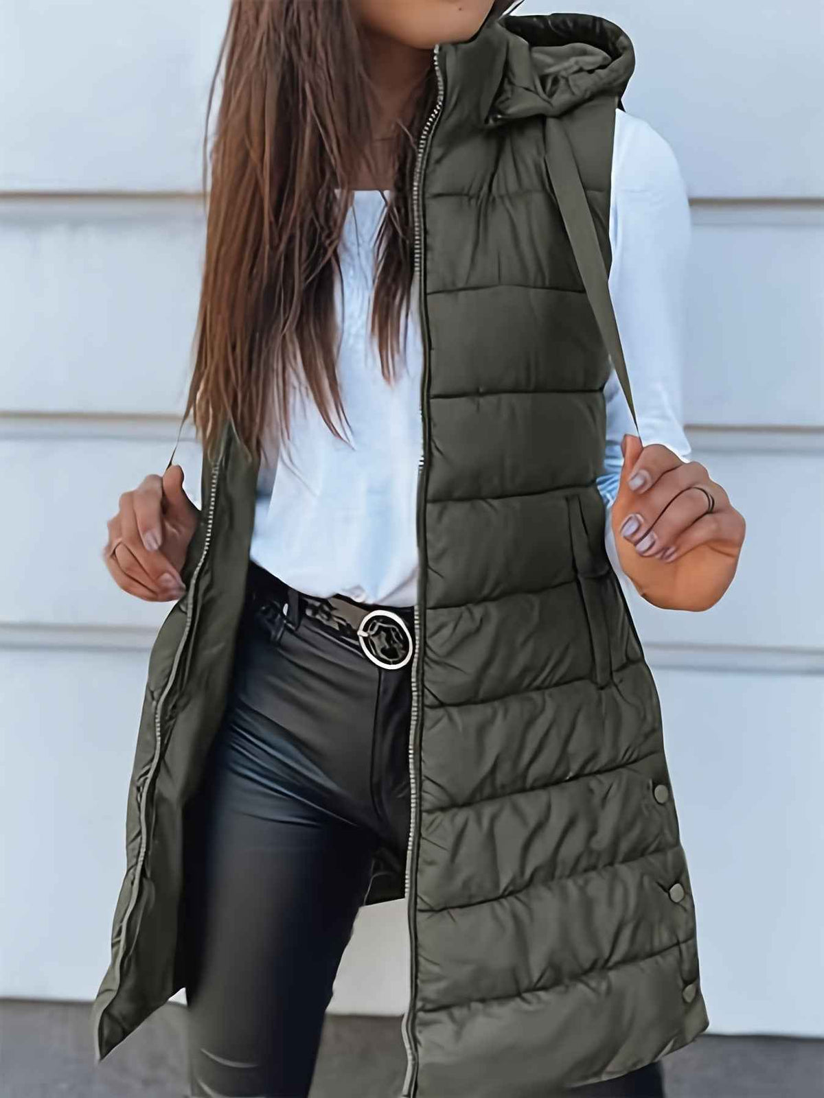 Solid Color Hooded Quilted Cotton Vest Coat with Zipper