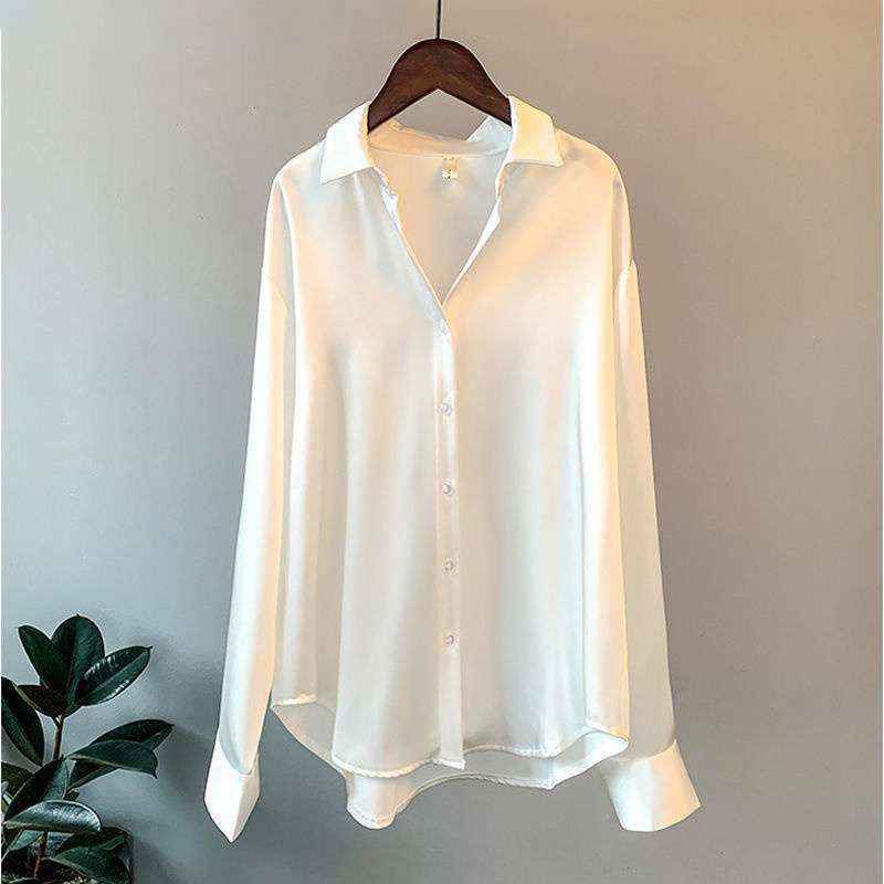 Pearl White Satin Long Sleeve Blouse - Elegant, Versatile Office Wear