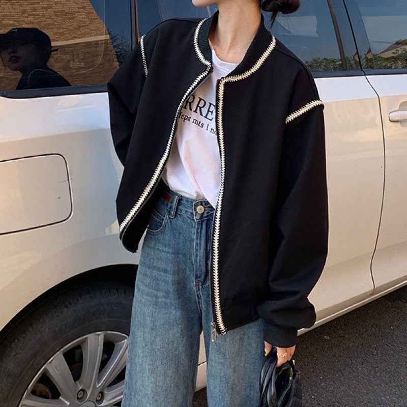 Korean Simple Round Neck Baseball Jacket