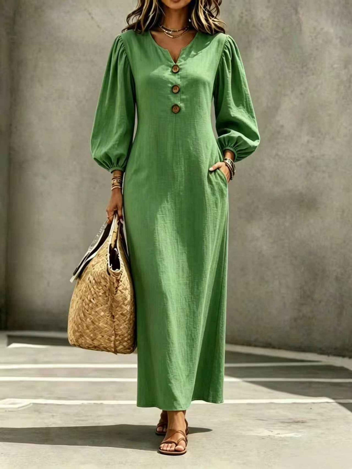 V-Neck Puff Sleeve A-Line Dress Women Long Casual Summer Autumn