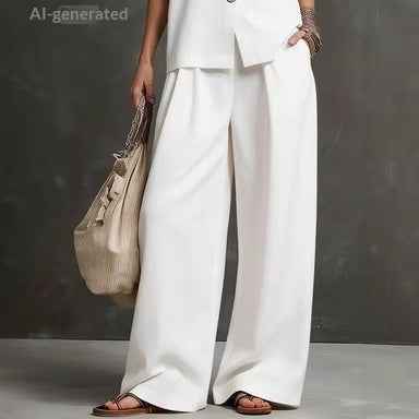 Women's Seasonal Laid-Back Linen Suit Set - Sleeveless Vest & Wide Leg Pants