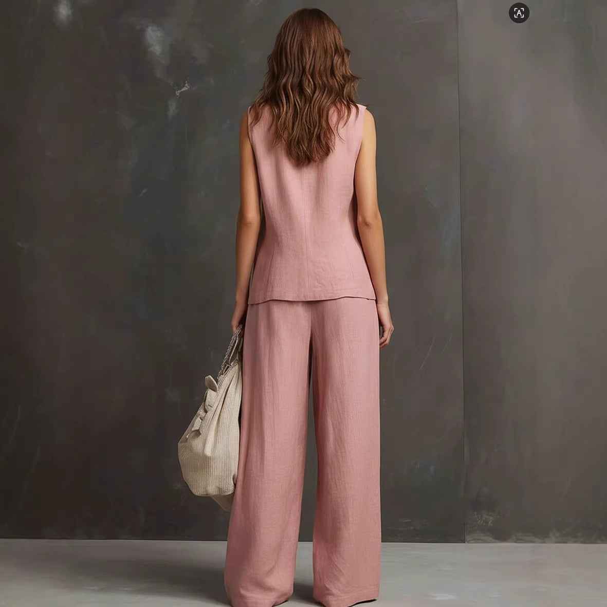 Women's Seasonal Laid-Back Linen Suit Set - Sleeveless Vest & Wide Leg Pants