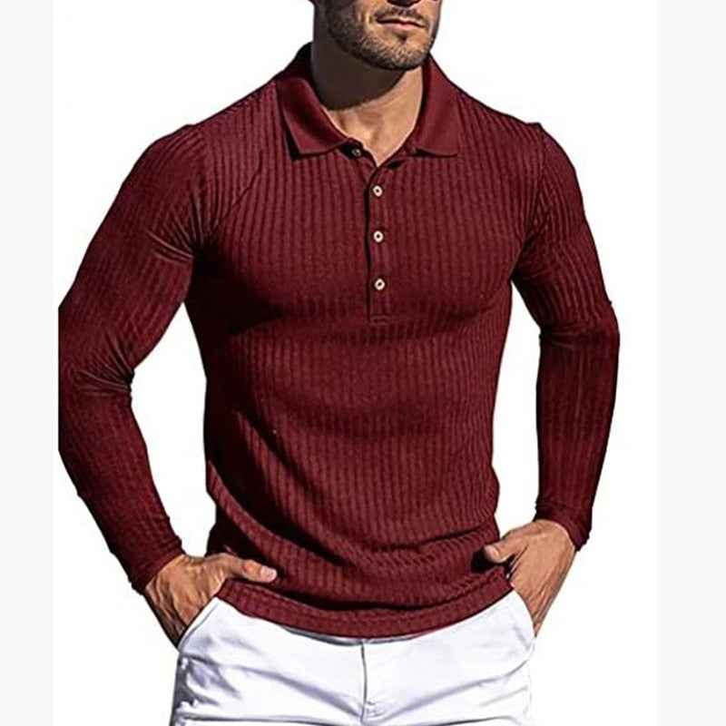 Men's Striped Long Sleeve Fitted Polo Shirt - Breathable & Stylish Running Essential