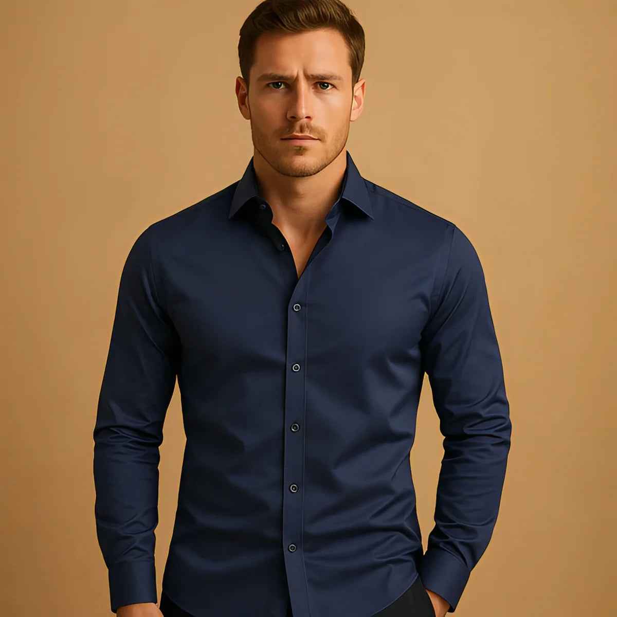 Men's Business Button-Down Shirt - Summer Solid Color Lapel Style