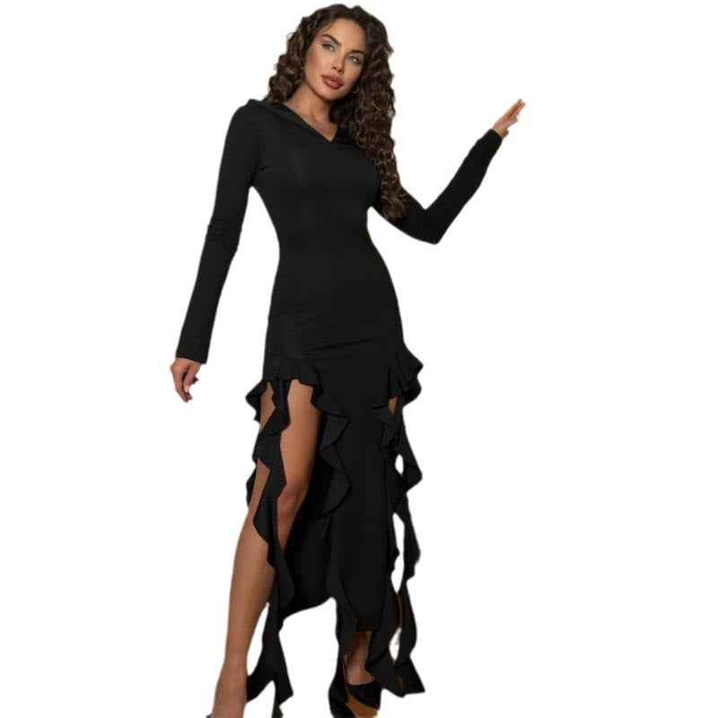 Hooded Long Sleeve Irregular Style Women's High Waist Dress