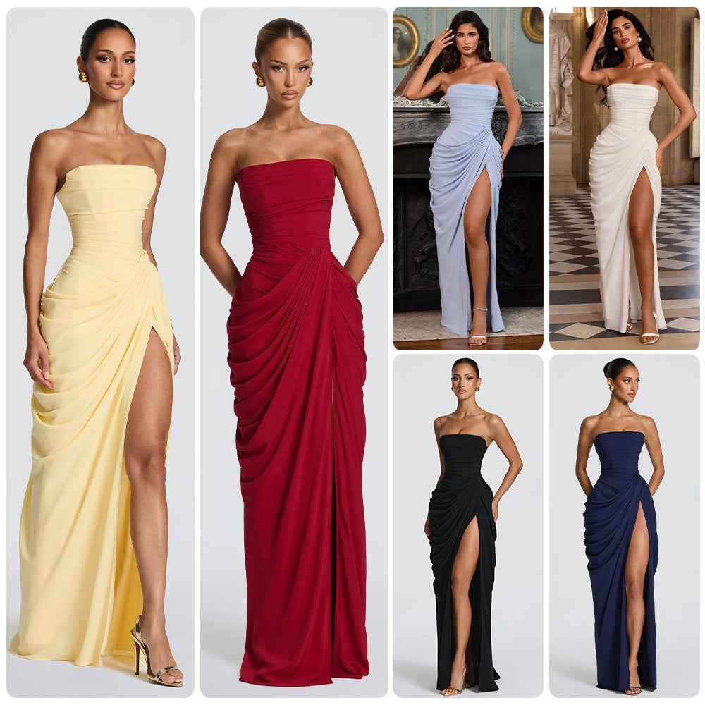 French Style Strapless Pleated Slit Dress - Elegant Evening Gown for Summer Parties & Weddings
