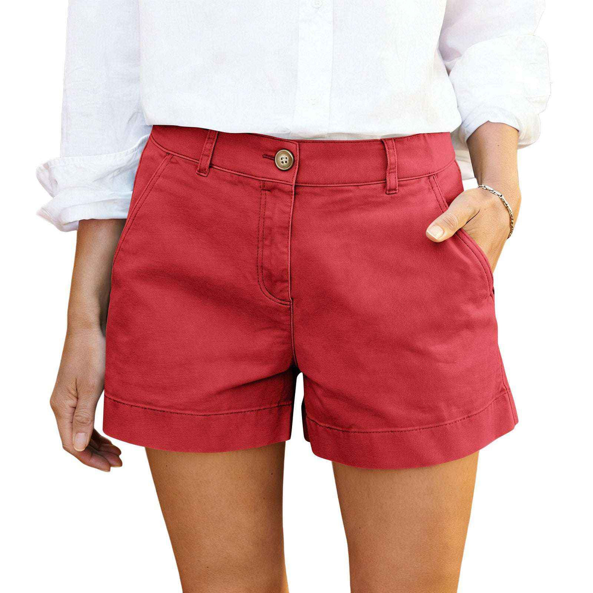 Women's High-Waisted Bermuda Shorts - Twill Cotton Casual & Elegant