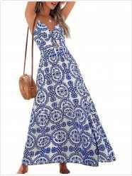 Knotted V-Neck Floral Long Dress Women's Elegant Summer Style