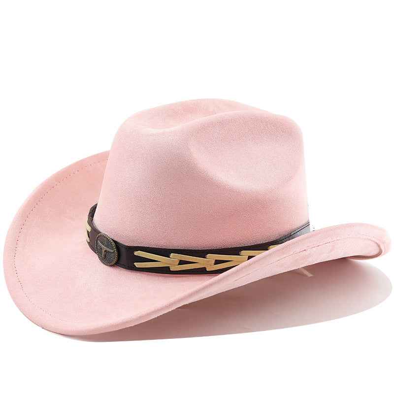 Cowhide Belt Suede Trim Western Cowboy Hat - Polished Style