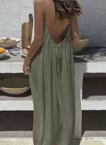 Elegant Backless Long Dress - Loose Fit Vintage Style Women's Casual