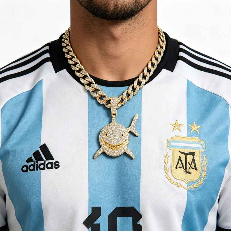 3D Diamond Football & Shark Pendant Necklace - Gold Zinc Alloy Cubic Zirconia