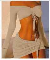 Y2K Drawstring Off Shoulder Two-Piece Set: Long Sleeve Top & Bodycon Skirt