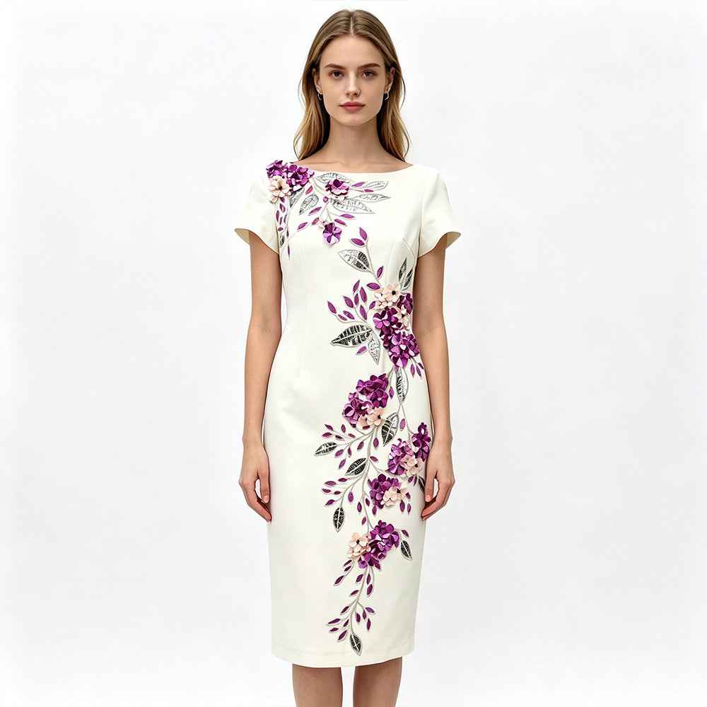 Floral Beaded Midi Dress - Slim Fit A-line Skirt