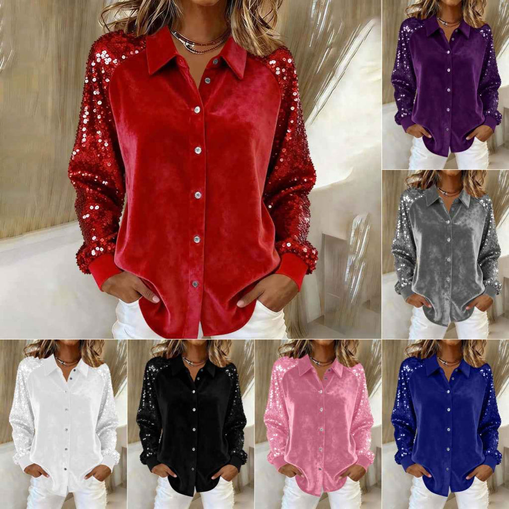 Women's Sequins Long Sleeve Button-Down Blouse - Fashion Statement for Women