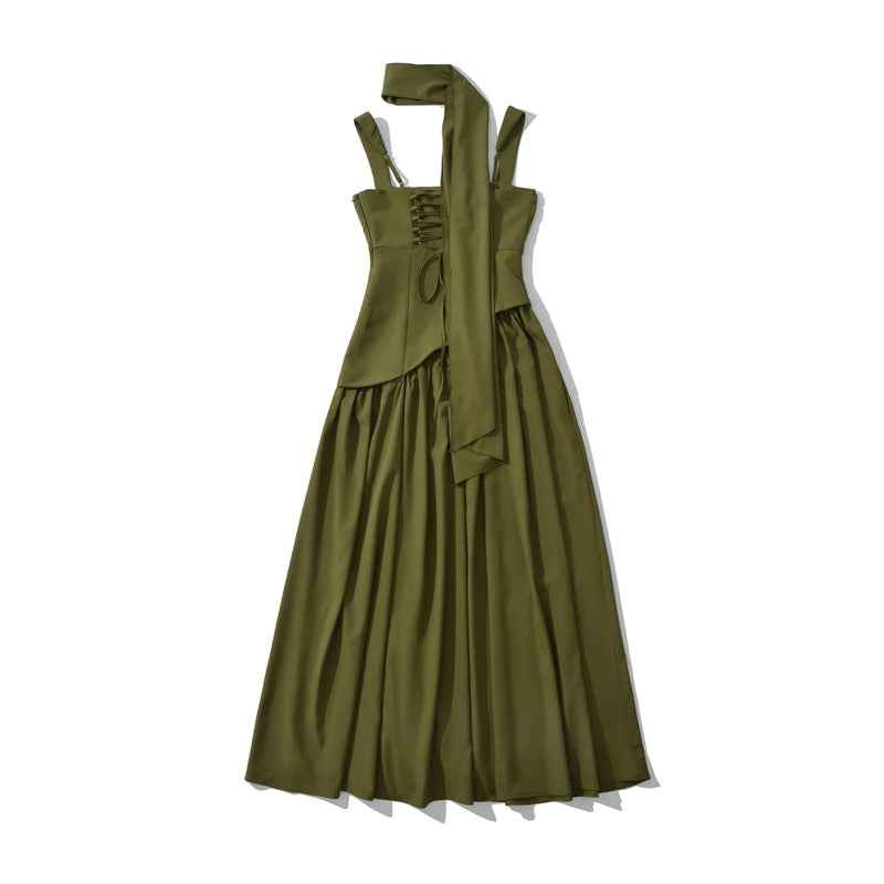Elegant Olive Green Maxi Dress Summer Flowy Long with Scarf