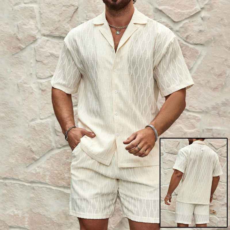 Vintage Wavy Jacquard Two-Piece Set - Lightweight Short Sleeve Button Up Shirt & Shorts Casual Urban Co-ord Outfits