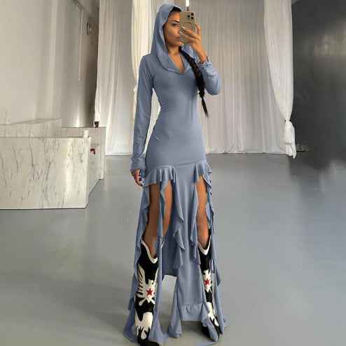 Hooded Long Sleeve Irregular Style Women's High Waist Dress