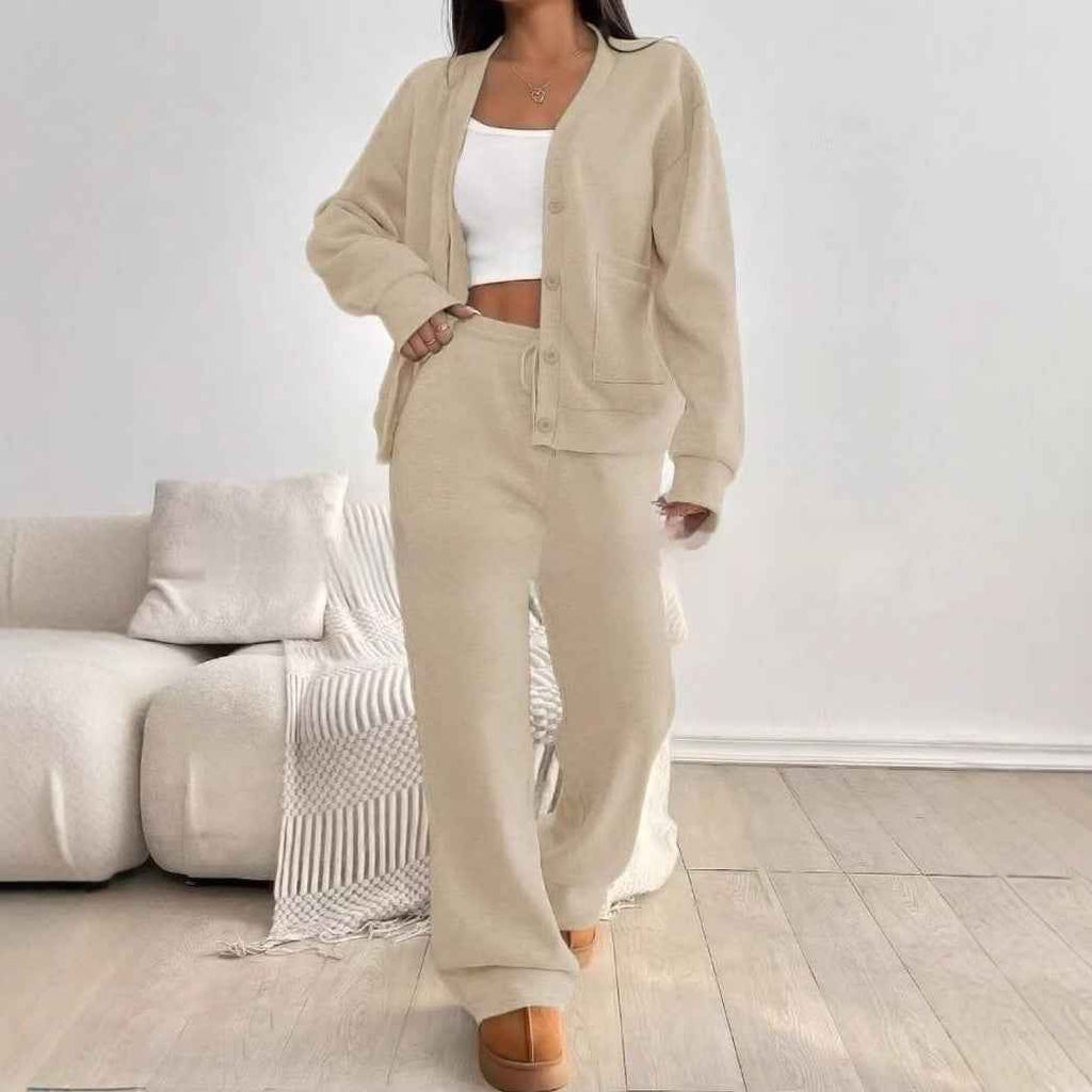 Women's Solid Color Cardigan & Wide Leg Pants Set - Effortless Chic Summer Casual Suit