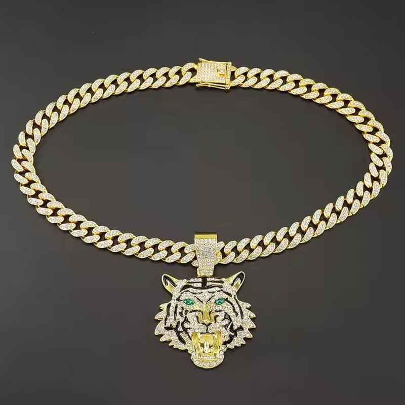 3D Diamond Tiger Head Football Pendant Necklace - Zinc Alloy Chain 13mm