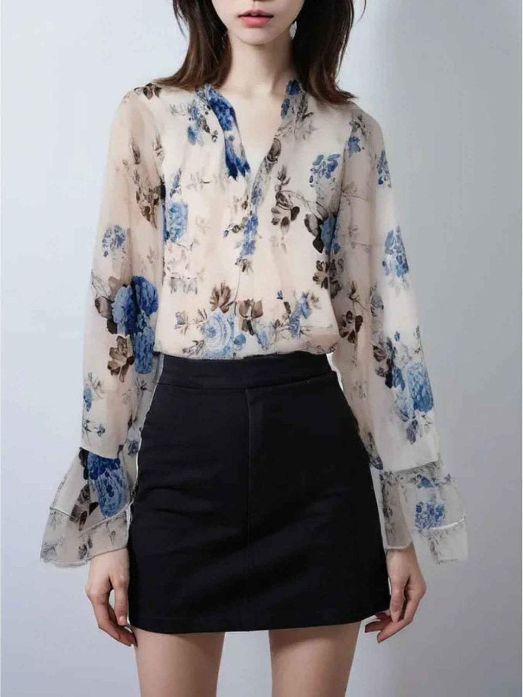 Elegant Chiffon Women's V-Neck Top with Lotus Leaf Sleeves