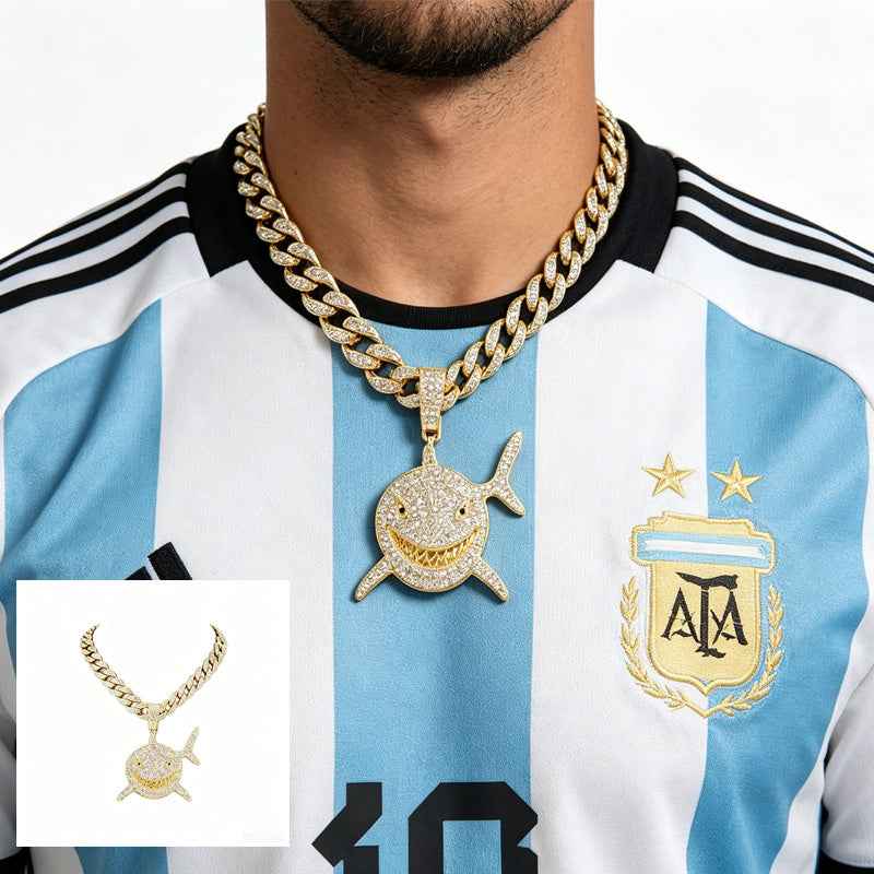 3D Diamond Football & Shark Pendant Necklace - Gold Zinc Alloy Cubic Zirconia