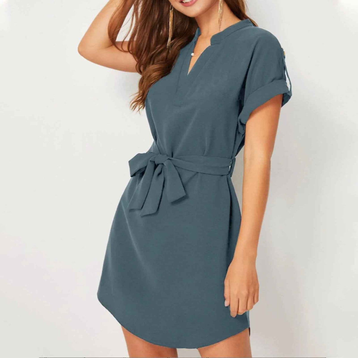 V-Neck Summer Dress With Belt & Bowknot for Women - Fashion Casual