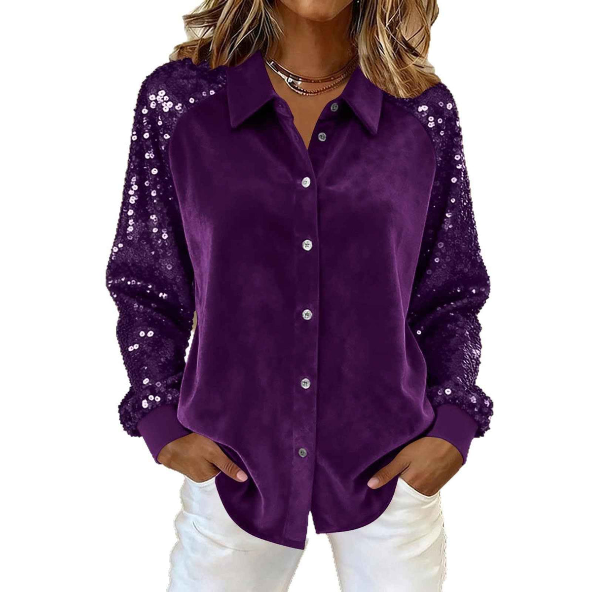 Women's Sequins Long Sleeve Button-Down Blouse - Fashion Statement for Women