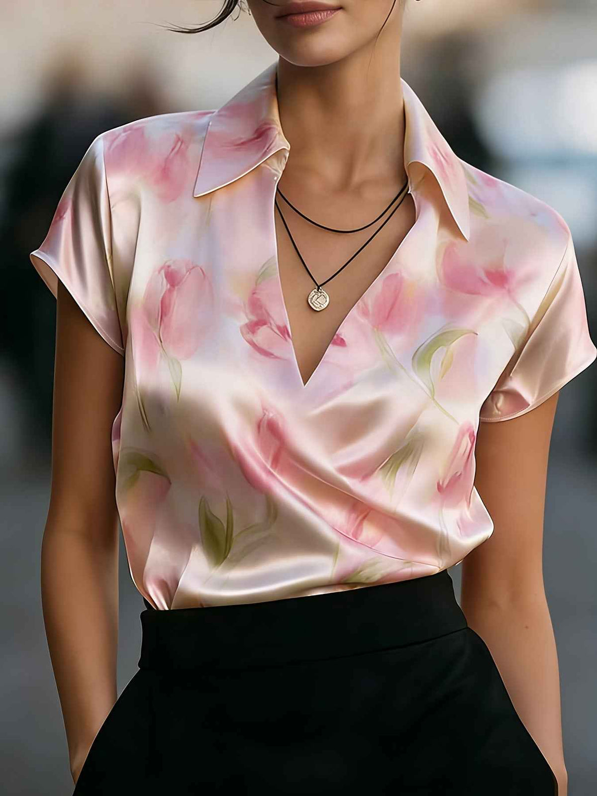 Floral Print V-Neck Pullover - Women's Short Sleeve Top in Pink & Lemon Yellow