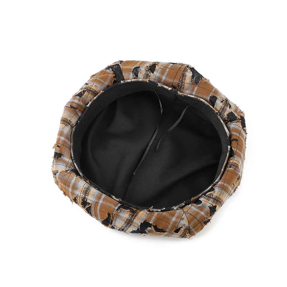 Distressed Check Beret, Retro Fringe Pattern Streetwear Hat for Casual & Girly Outfits
