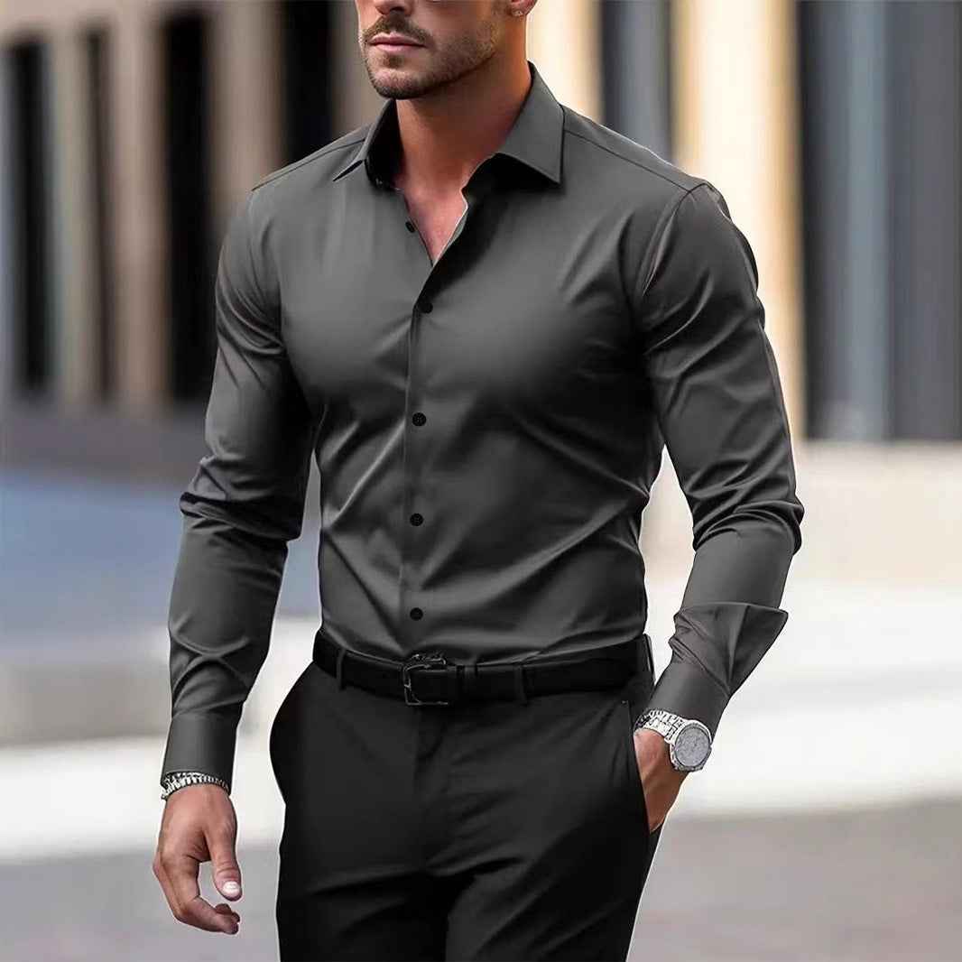 Men's Business Button-Down Shirt - Summer Solid Color Lapel Style