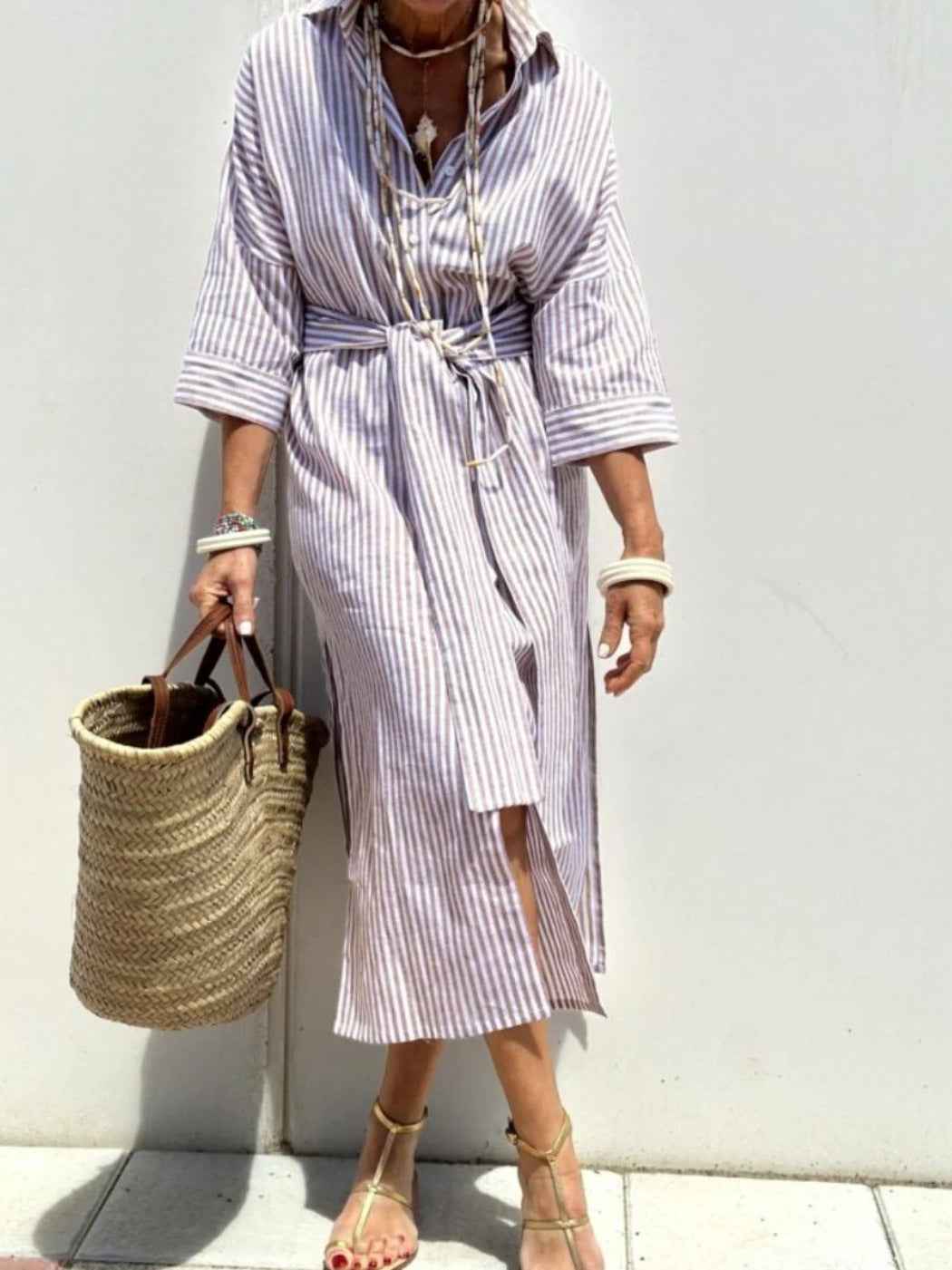Orange Striped Shirt Dress with Waist Belt & Lapel Collar