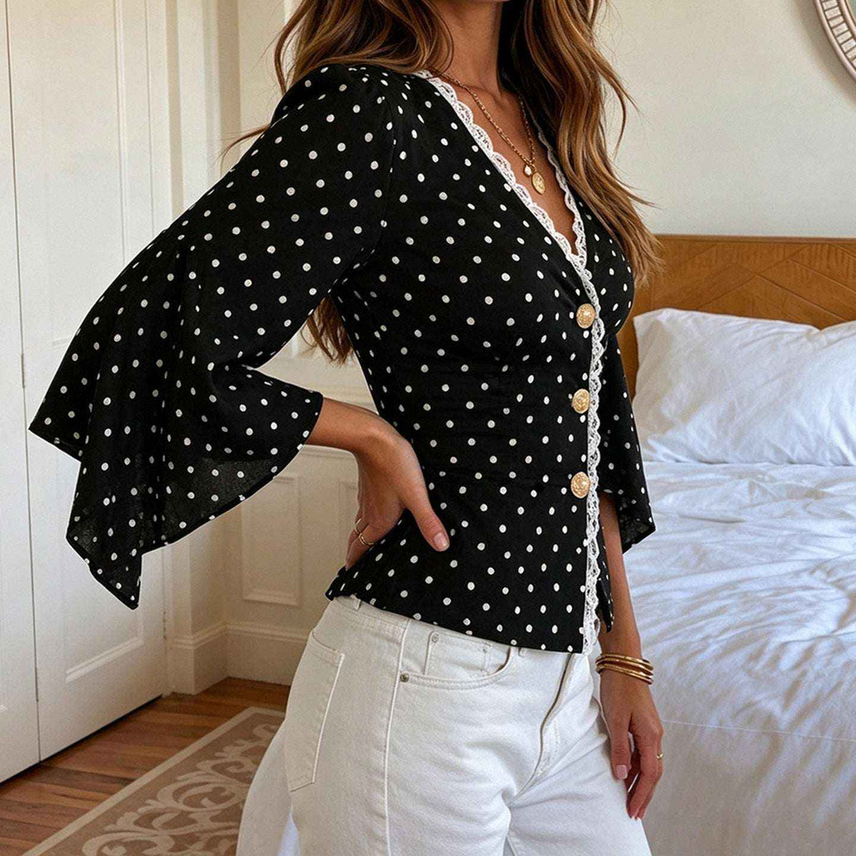 French-Style Vintage Chic Wave Polka Dot T-Shirt