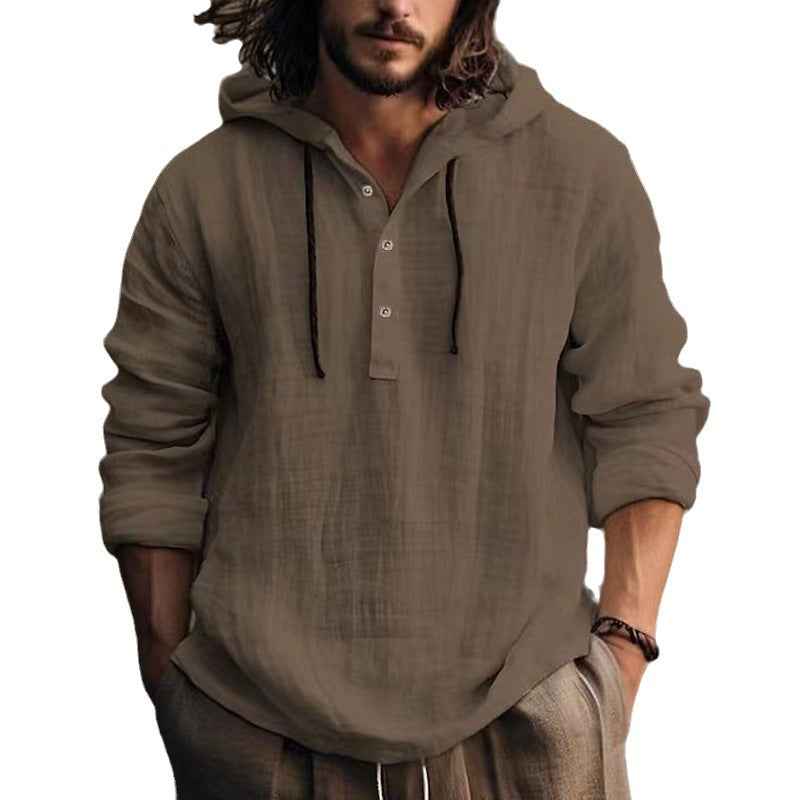 Vintage Linen Hooded Pullover Shirt - Lightweight Cotton-Linen Streetwear